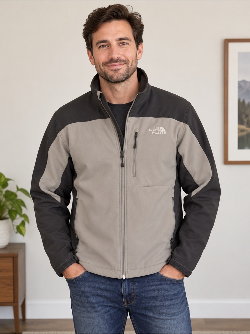 The North Face Men's Two-Tone Taupe and Black Softshell Jacket